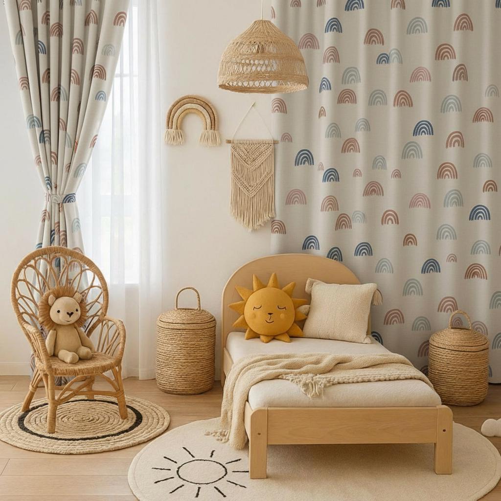Rainbow Nursery Curtains | Kids Room Linen Look Drapes | 50 or 100 Inch Wide | Light Filtering or Blackout | Custom Length