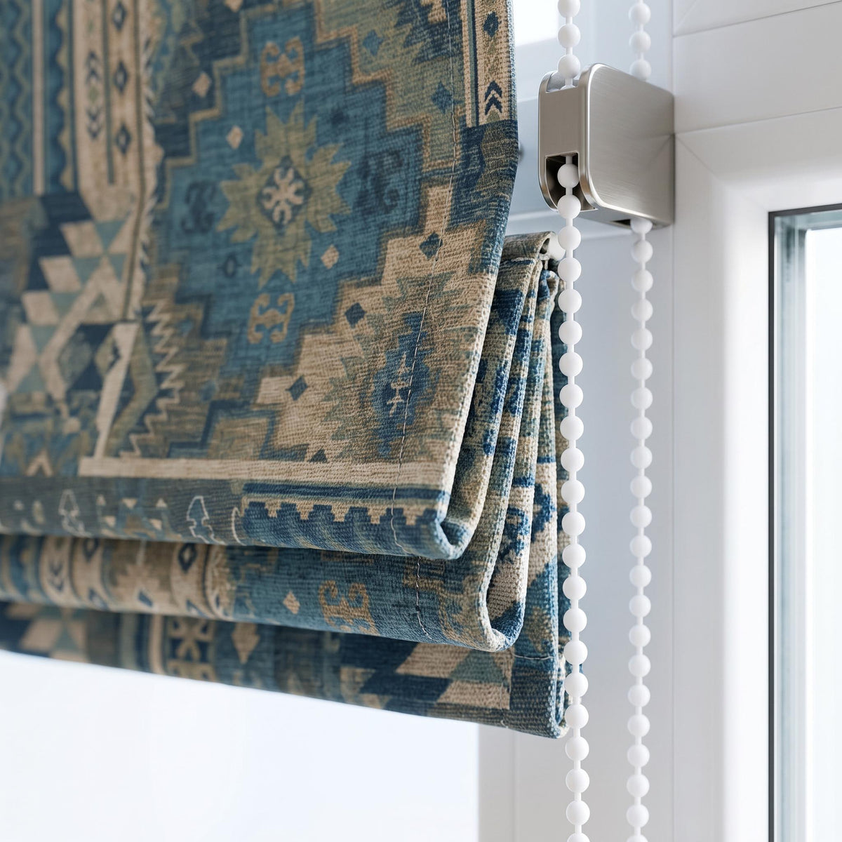 Blue Southwestern Roman Shade, Custom Upholstery Fabric Window Blind, Tribal Geometric Roman Blind, Rustic Boho Window Treatment