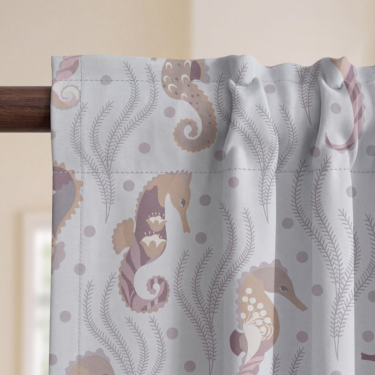 Kids Seahorse Velvet Curtains, Ocean Nursery Drapes, Under the Sea Curtains, Pink Beige Coastal Kids Room Window Curtains