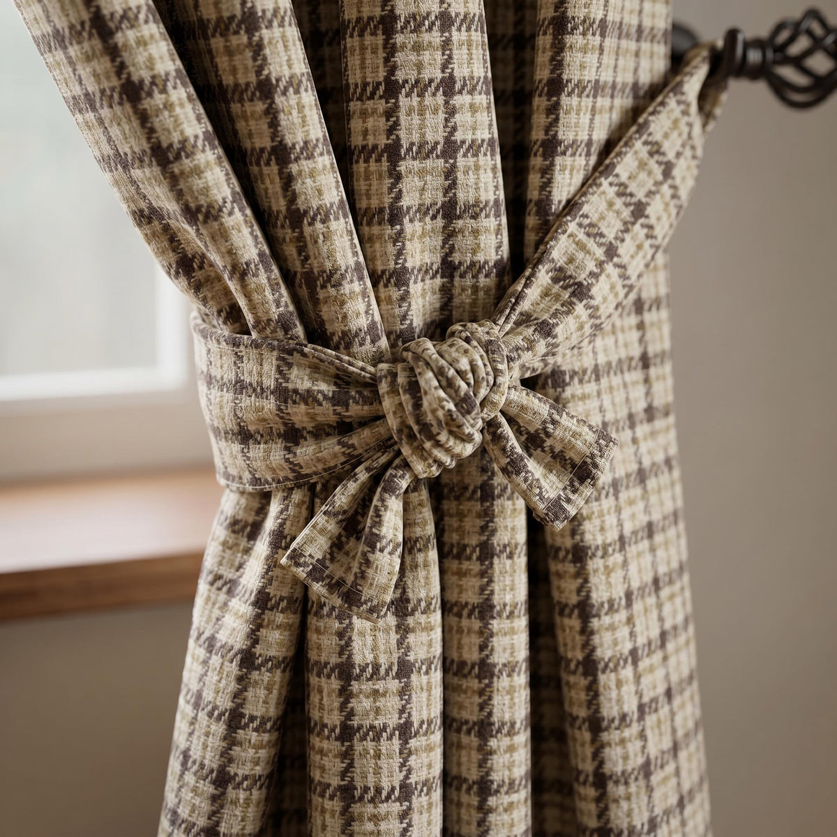Brown Beige Houndstooth Curtains, Textured Neutral Plaid Drapes, Custom Window Panel