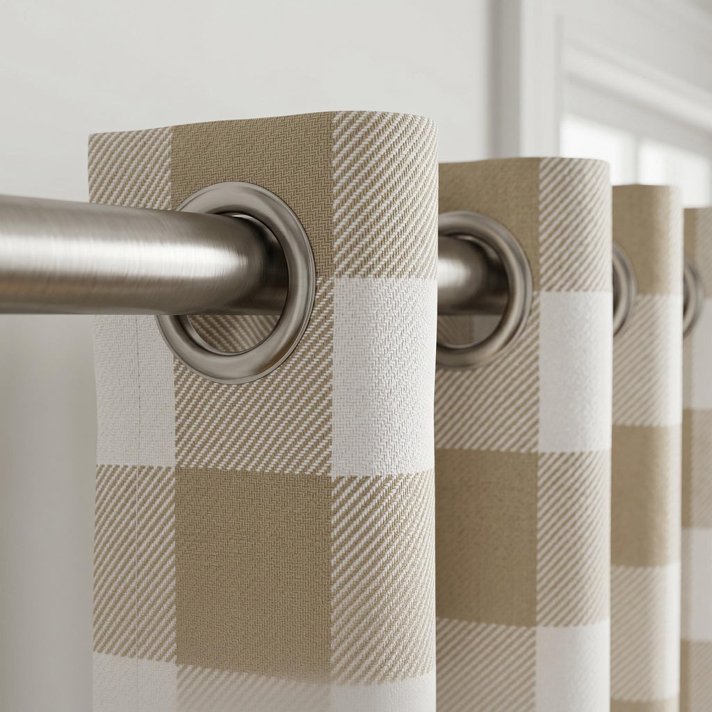Beige Buffalo Check Curtains, Neutral Farmhouse Plaid Drapes, Custom Window Panels