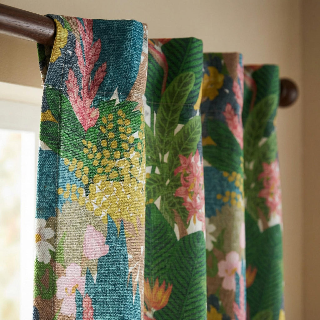 Tropical Botanical Curtains ,Bold Floral Linen Look Drapes , Green Pink Jungle Print – Custom Window Panels ,Living Room Bedroom Decor