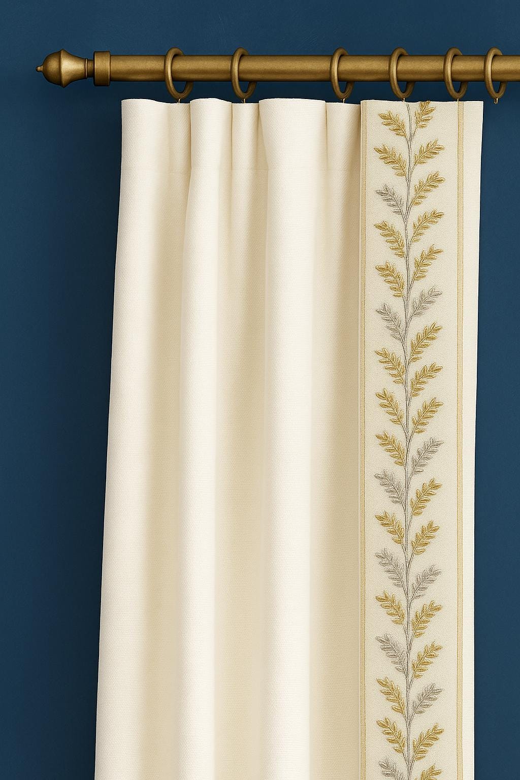 Embroidered Vine Leaf Curtain Trim: Green or Gold Grey, 9cm Wide