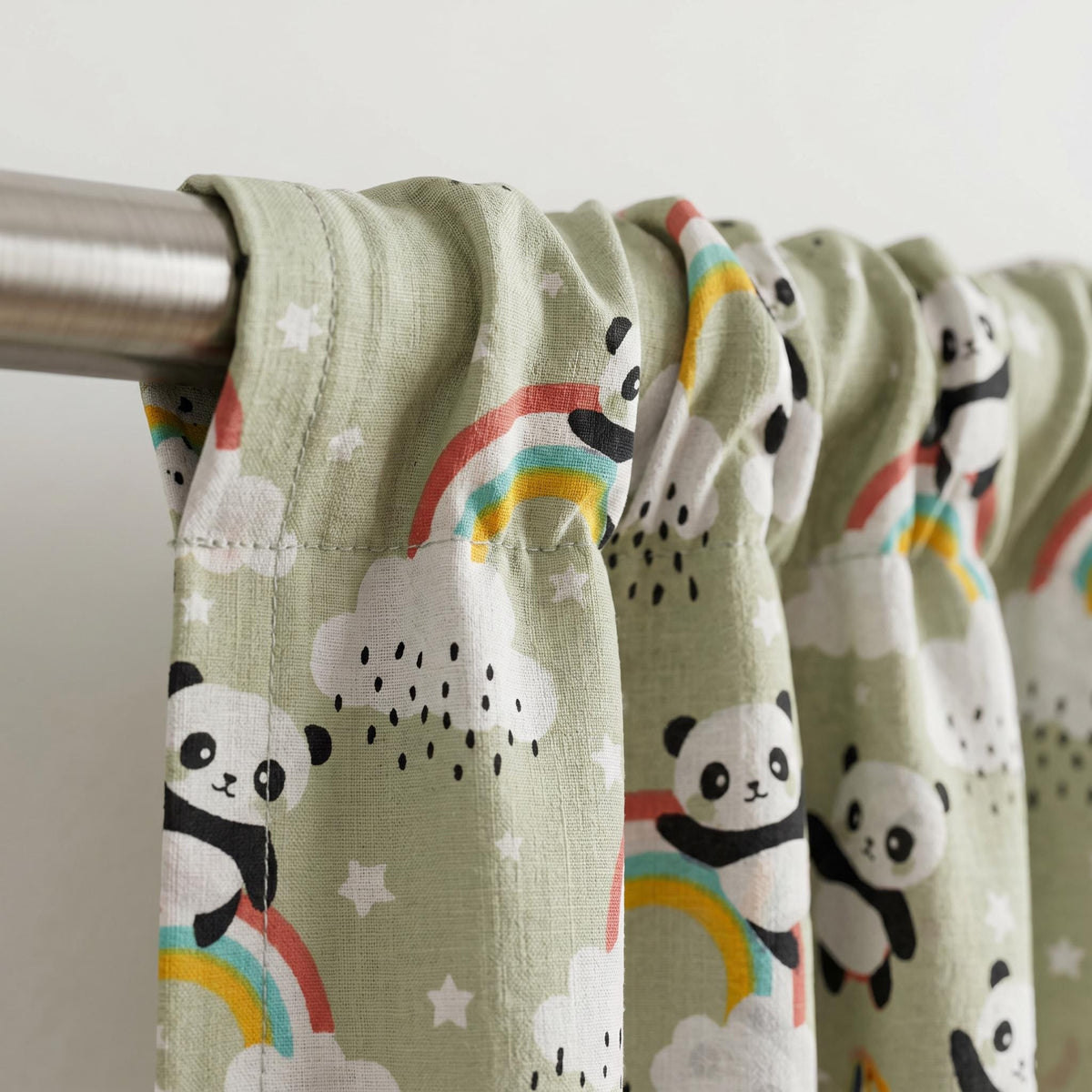 Panda Rainbow Curtains, Sage Green Kids Room Curtains, Block Print Nursery Drapes, Cloud Star Curtain Panel, Custom Window Curtain