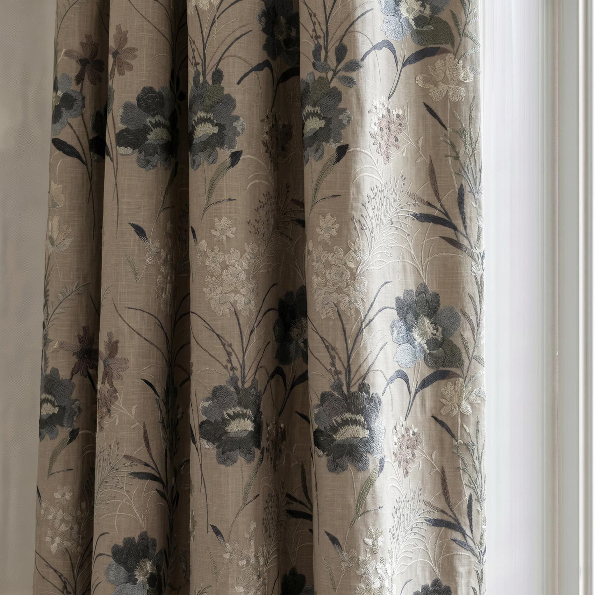 Embroidered Floral Curtains, Taupe Botanical Drapes, Grey Blue Flower Curtains, Linen Custom Curtains, Cottage Farmhouse Window Panels