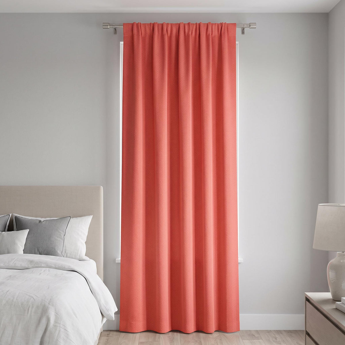 Coral Pink Herringbone Cotton Curtain Panel, Woven Chevron Window Drapery