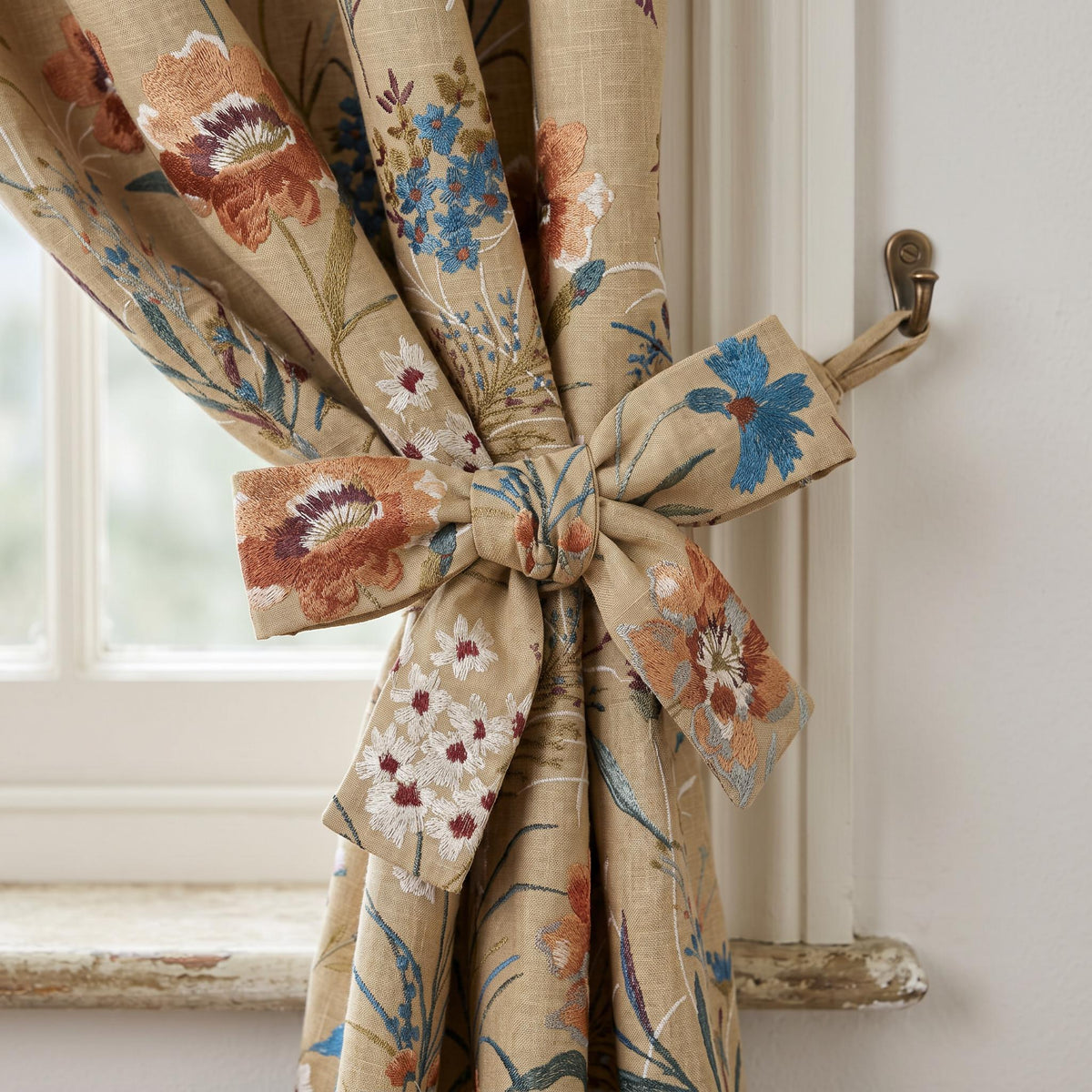 Embroidered Floral Curtains, Beige Linen  Drapes, Custom Floral Window Curtains, Farmhouse Cottage Curtain Panels, Privacy Blackout Curtains