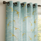 Sheer Aqua Bird Embroidered Curtain | Linen Look | Golden Seagull Panel | Custom Light Filtering Drapes