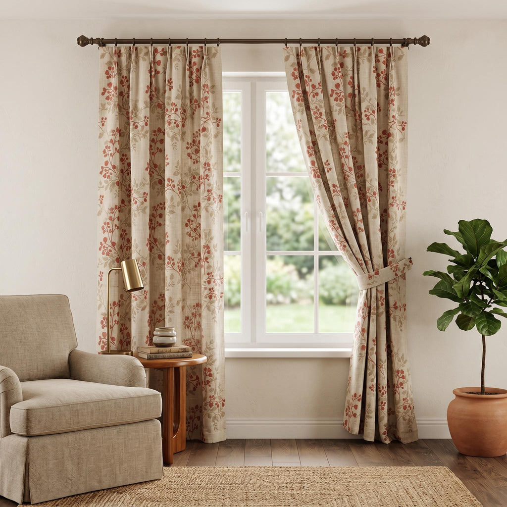 Terracotta Floral Embroidered Curtains, Beige Linen Look Drapes, Rust Red Botanical Custom Window Panels