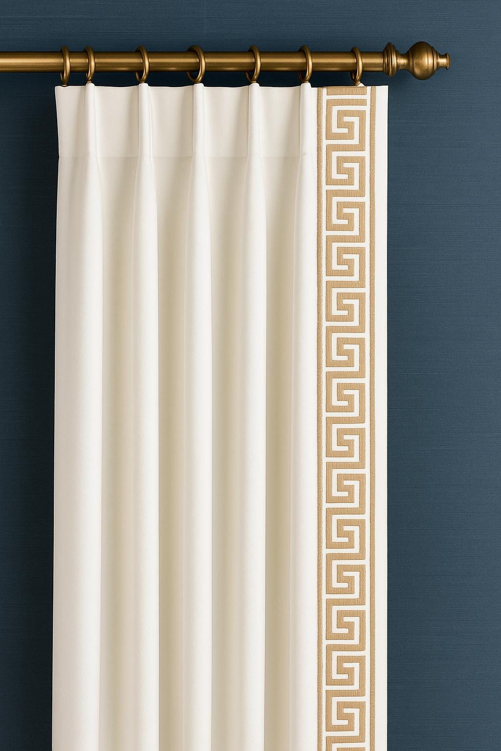 Greek Key Embroidered Trim: Blue & Ivory Cotton Canvas Border, 4" Wide