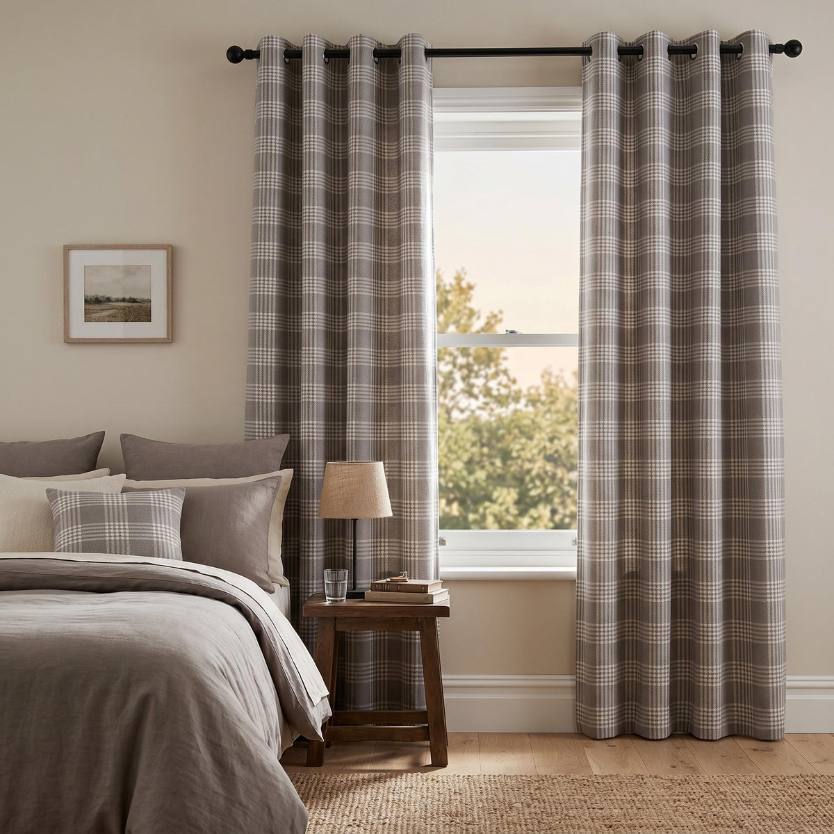 Gray Plaid Curtains, OEKO-TEX Cotton Linen Curtain Panel, Farmhouse Check Window Drapes, Custom Neutral Curtains