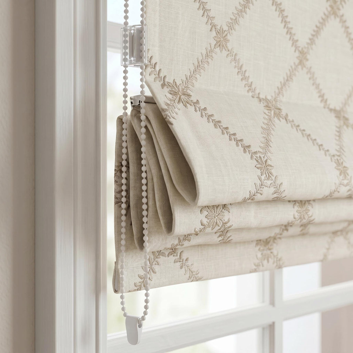 Champagne Gold Embroidered Roman Shade, Ivory Linen Roman Blind, Elegant Floral Window Treatment, Neutral Custom Roman Shade