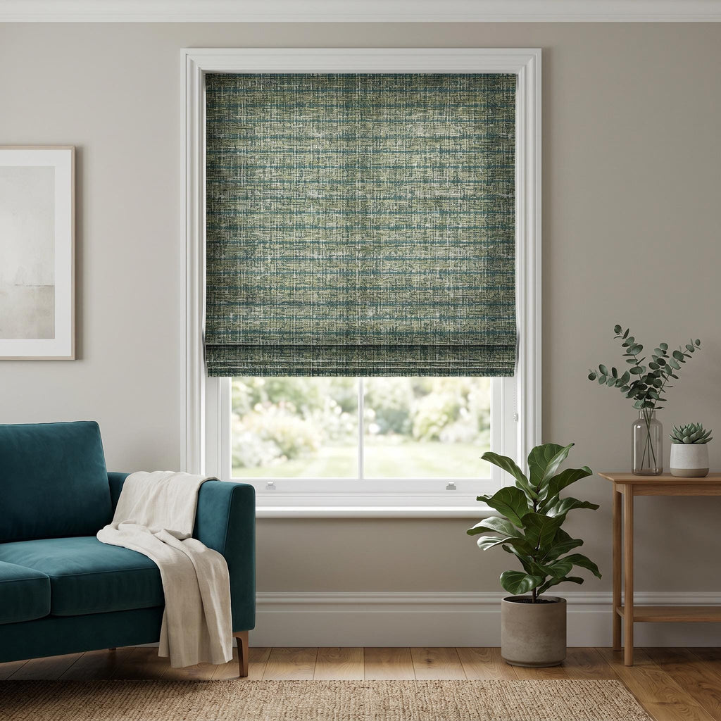 Textured Woven Roman Shade, Green Teal Designer Window Blind, Custom Roman Shade, Modern Upholstery Fabric Shade, Blackout Option
