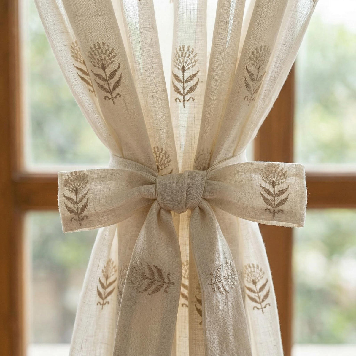 Floral Sheer Curtains, Linen-Look Panels, Light Filtering Neutral Drapes