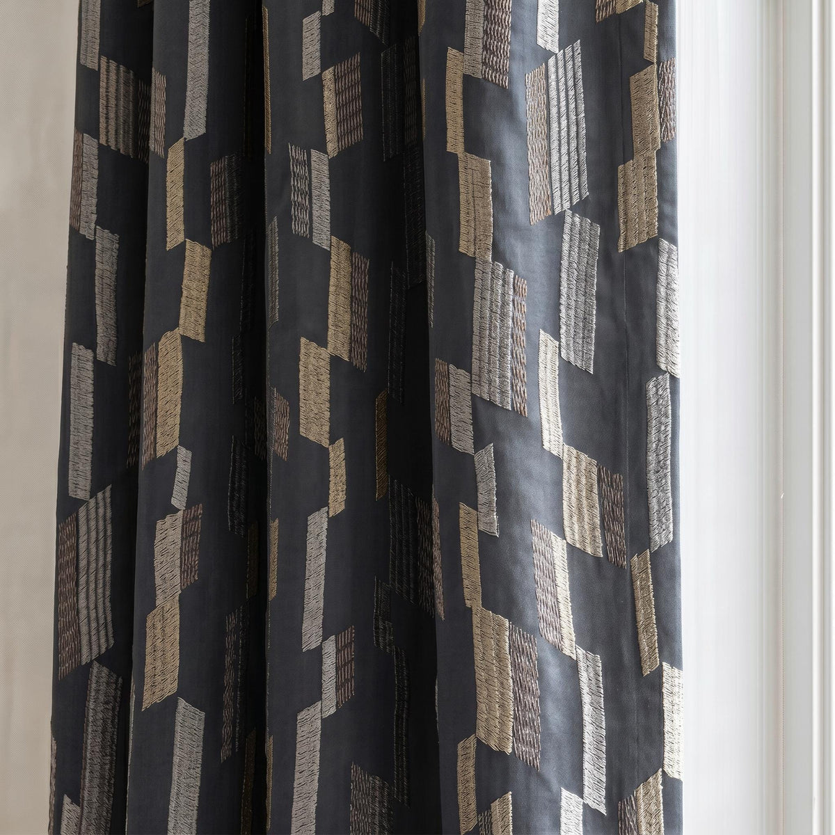 Blue Velvet Geometric Curtains, Navy Embroidered Velvet Drapes, Modern Abstract Luxury Curtain Panels, Custom Bedroom Curtains