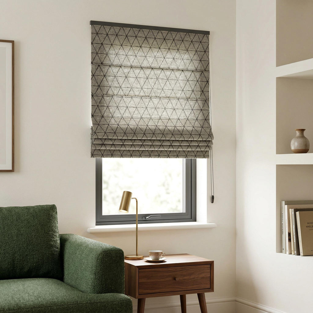 Geometric Roman Shade – Neutral Modern Window Blind – Black Diamond Pattern Roman Curtain – Custom Size Window Treatment
