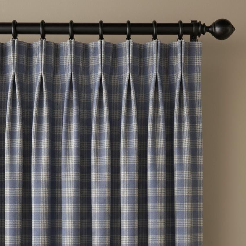Linen-Look Plaid Curtains | Slate Blue Tartan Check | Triple, Dual, Euro Pleat Drapes | Blackout Option
