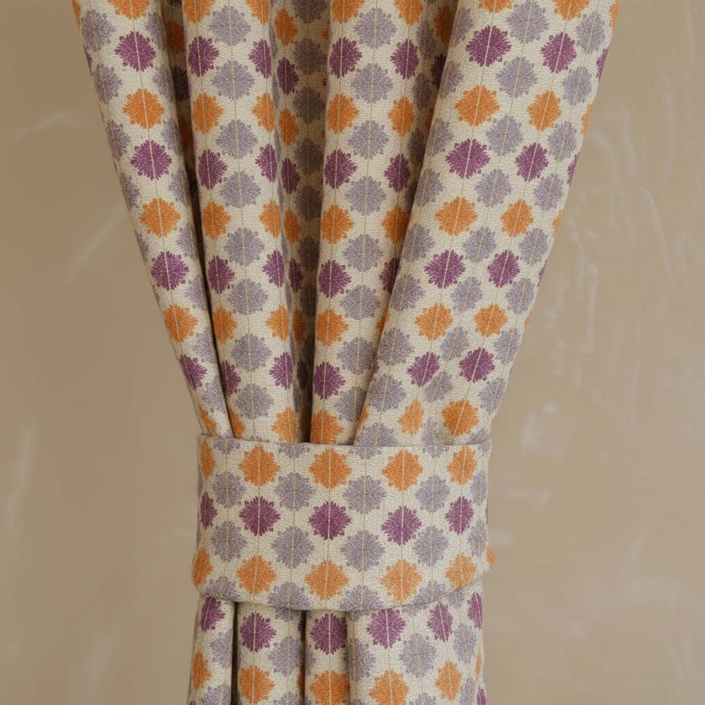 Botanical stripe curtains in terracotta orange, muted purple and olive green.