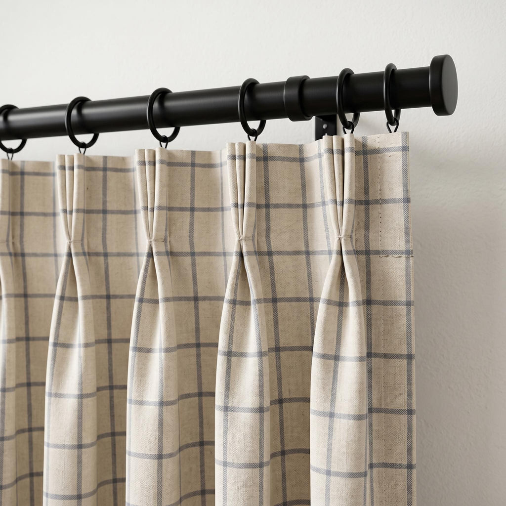 Blue Check Curtains, Custom Linen Look Drapes, Farmhouse Pinch Pleat Curtains, Cottage Plaid Window Curtain, Beige Blue Window Treatment