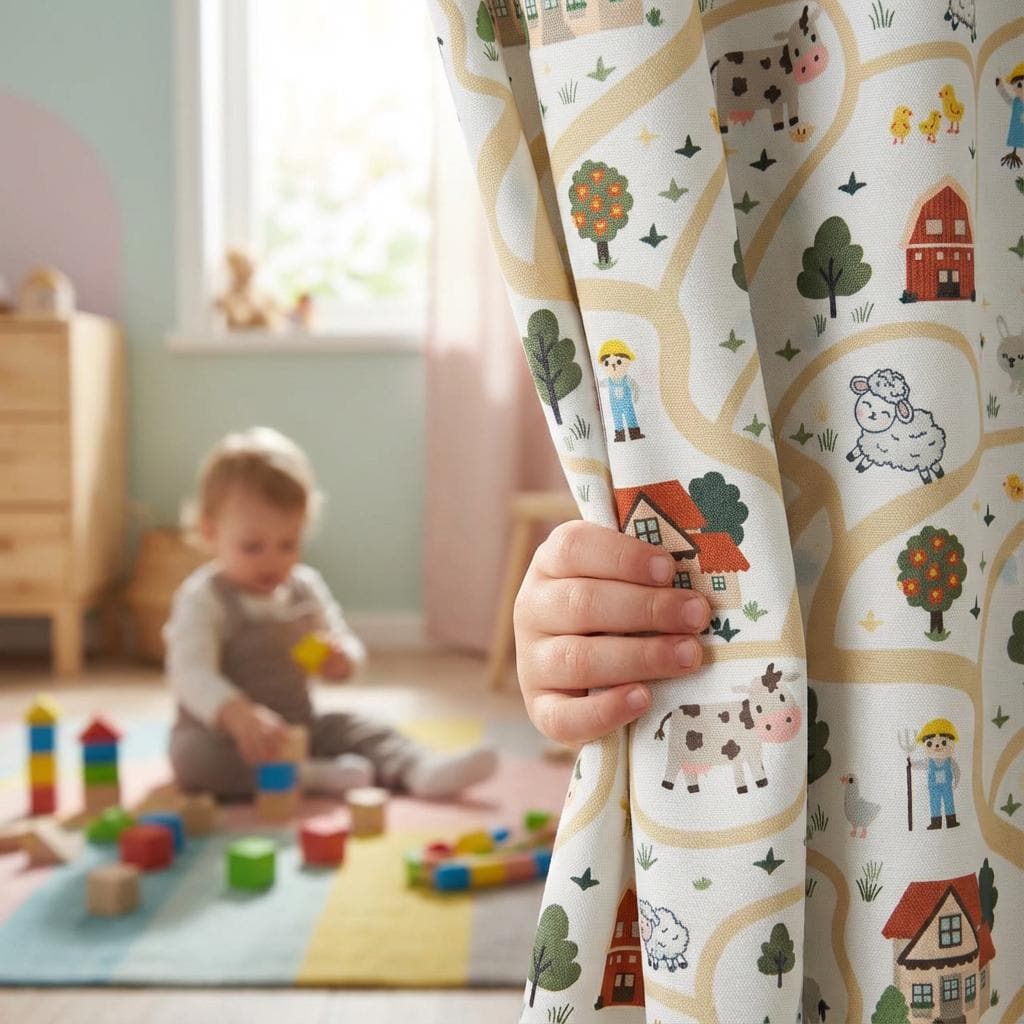 Nursery curtain fabric printed with a farm village, houses, trees and animals.
