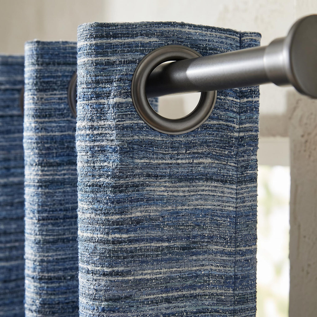 Blue Textured Linen-Look Curtains | Custom Size Woven Drapes (Privacy/Blackout)