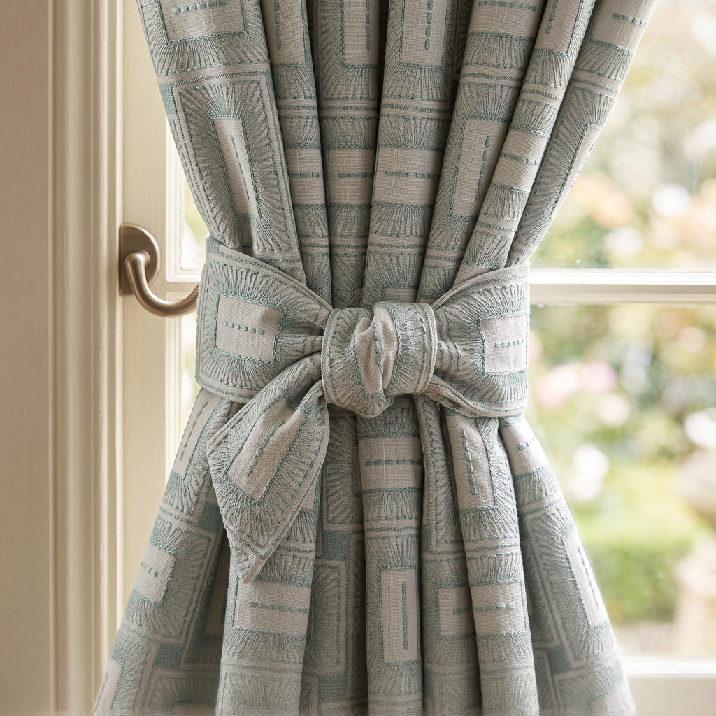 Custom Embroidered Block Pattern Curtain Panel – Textured Woven Soft Blue & Ivory Contemporary Drapes