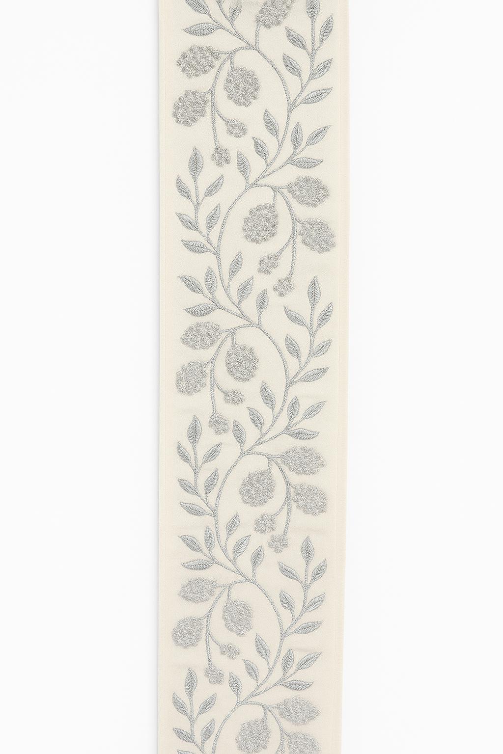 Embroidered Floral Trim: Grey Botanical Border on Ivory - 4" Wide