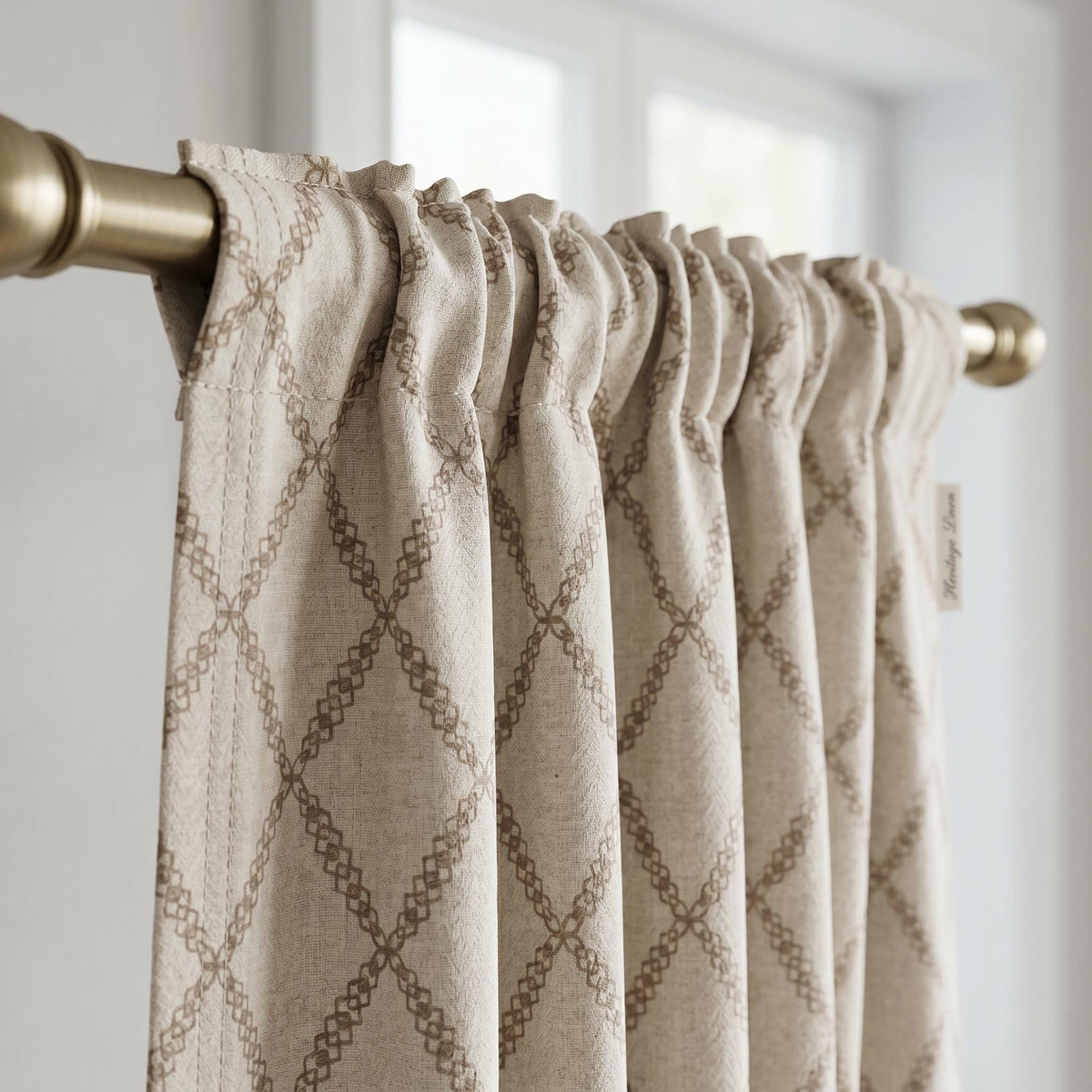 Brown Trellis Linen Curtains, Custom Oatmeal Lattice Window Drapes, Modern Farmhouse Living Room Panel, Luxury Embroidered Drapery