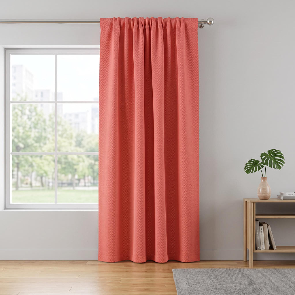Coral Pink Herringbone Cotton Curtain Panel, Woven Chevron Window Drapery