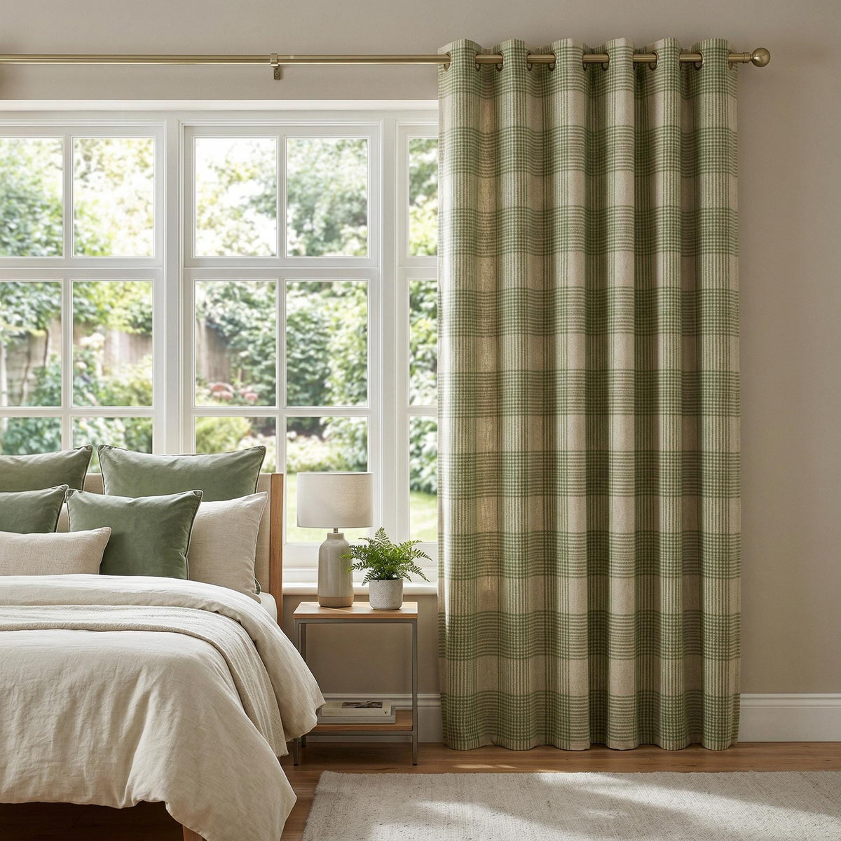 Green Plaid Curtain Panel | Farmhouse Check Curtains | Sage Green Window Drapes | Linen Look Curtain | Custom Size & Header Styles