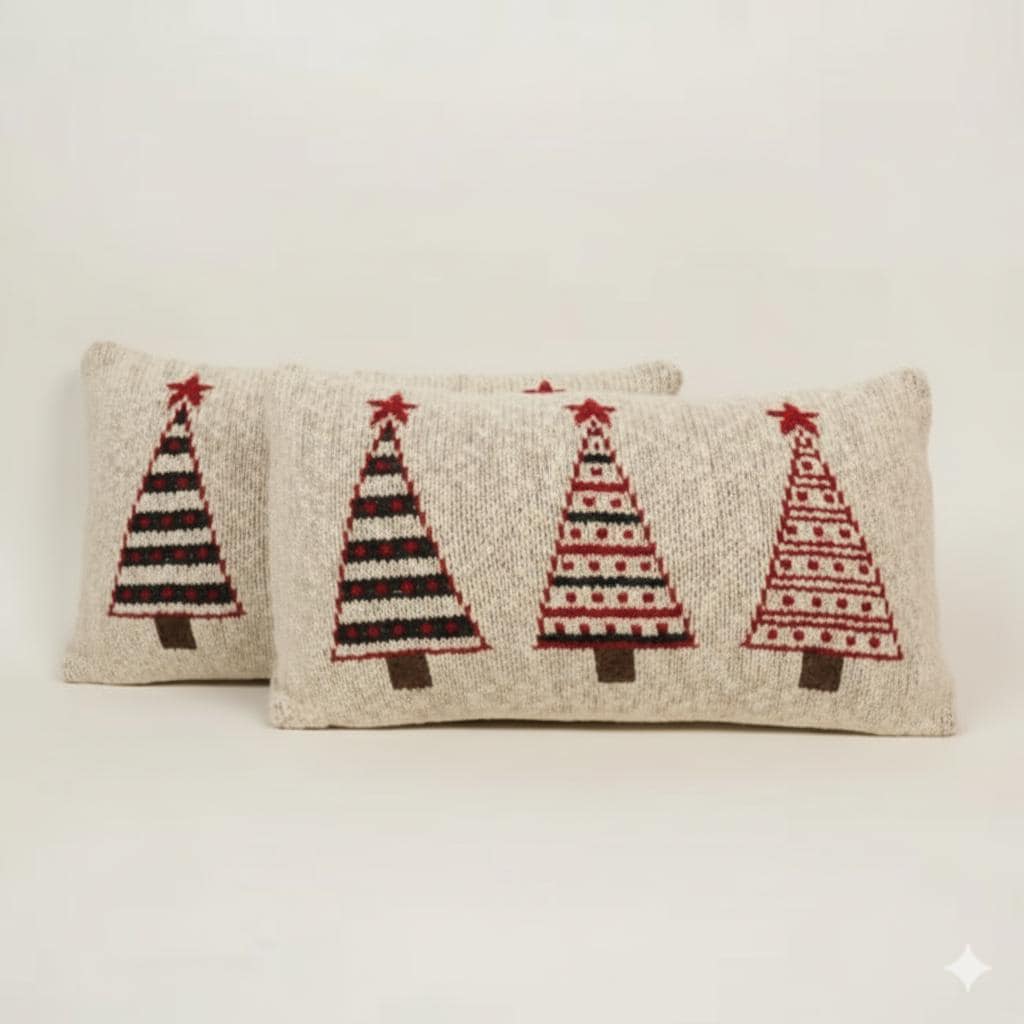 Festive Knit Cushion Cover | Cotton Lumbar Pillow | Winter Tree & Stocking Designs | Handmade Knitted Cover