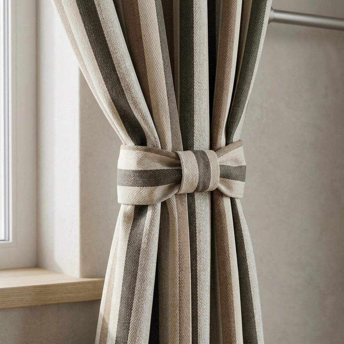 Neutral Striped Linen-Look Curtains, Beige Brown Modern Farmhouse Window Panels