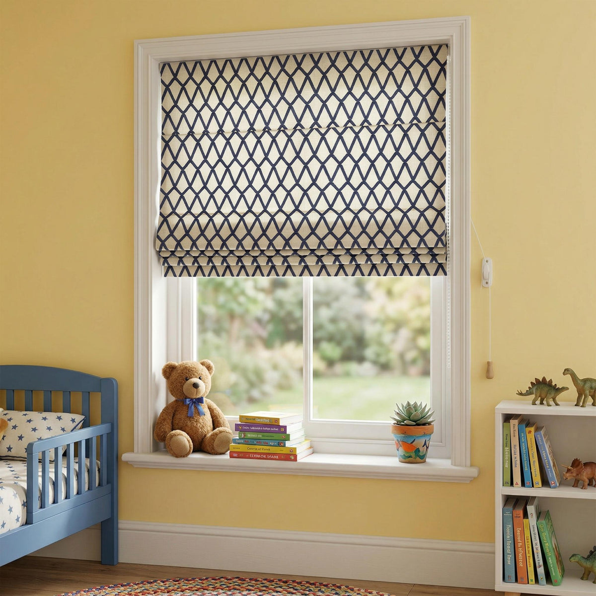 Blue Geometric Roman Shade – Navy Lattice Nursery Window Blind – Custom Kids Room Roman Curtain – Modern Boys Room Window Treatment