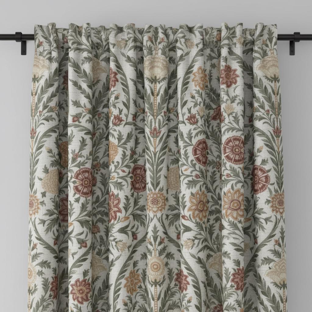 Botanical floral cotton curtains, neutral earthy botanical drapes, traditional cottage window panels, custom curtains