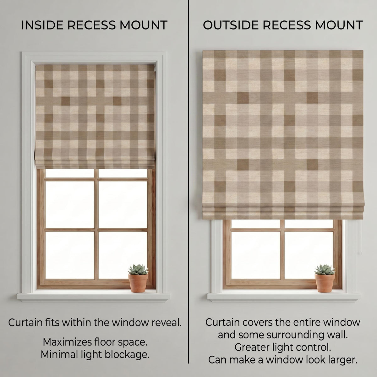 Warm Greige Gingham Roman Shade, Custom Oatmeal Check Roman Blind, Natural Linen Look Window Shade, Farmhouse Kitchen Curtain