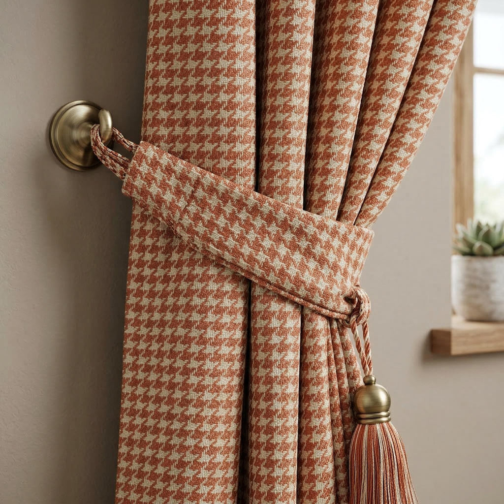 Terracotta Houndstooth Curtains, Rust Pattern Drapes, Custom Window Panels, Farmhouse Curtains, 4 Header Style Options Available