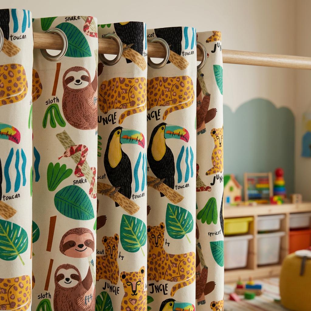 Jungle Animal Curtains for Kids Room, Nursery Jungle Curtains, Safari Animal Window Panels, Custom Size Kids Bedroom Drapes