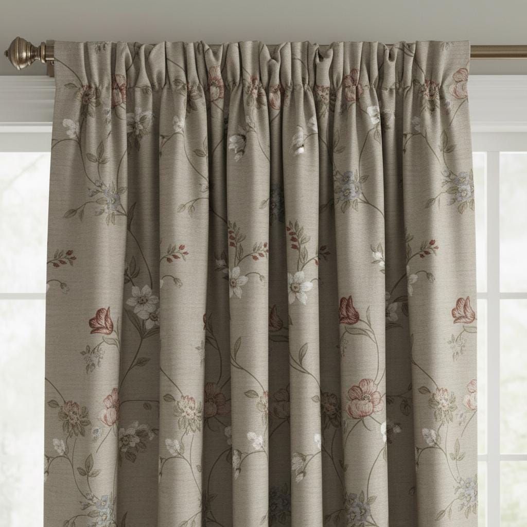 Floral Cotton Linen Look Curtain, Vintage Botanical Drapes, Custom Size