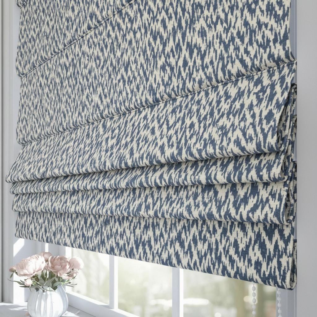 Blue Ikat Roman Shade Curtain | Custom Window Treatment | Handcrafted Cotton Fabric | Boho Modern Farmhouse Window Covering