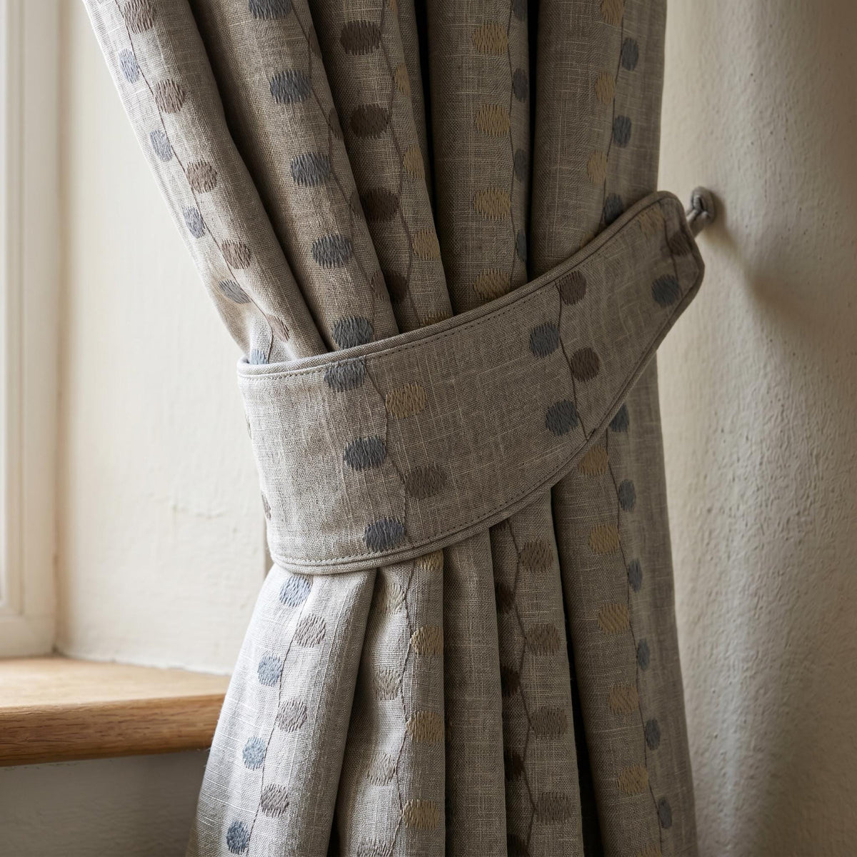Embroidered Linen Curtain Panel | Neutral Geometric Drapes | Modern Farmhouse Curtains