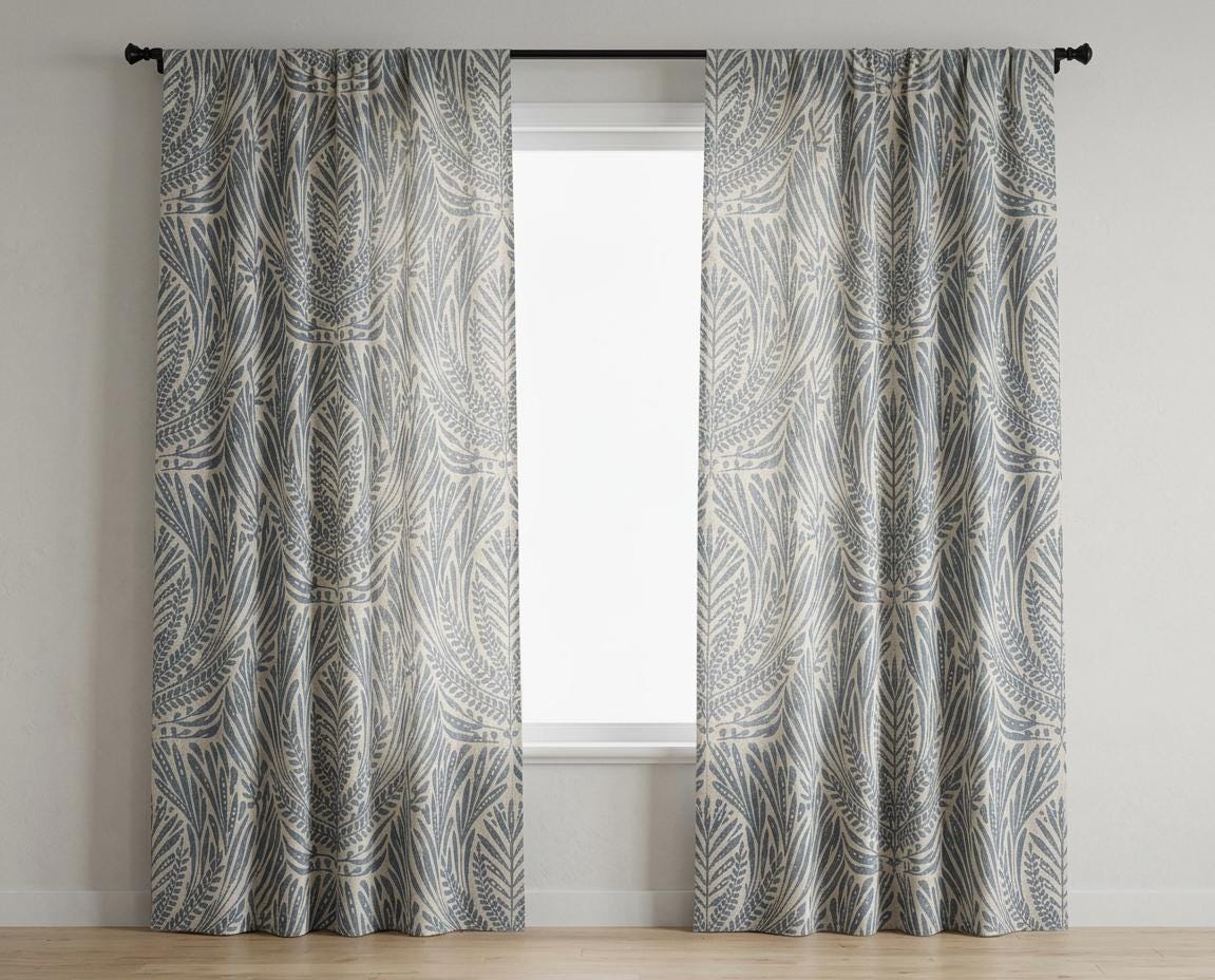 Blue Slate Botanical Linen Drapes, Muted Blue Fern Leaf Curtain Panels, Earthy Leafy Print Curtains, Blackout or Light Filtering