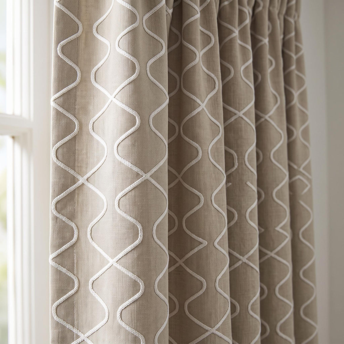 Beige Geometric Embroidered Curtains, White Lattice Linen Blend Window Drapes, Modern Ogee Custom Curtain Panels, Neutral & Bedroom Drapes