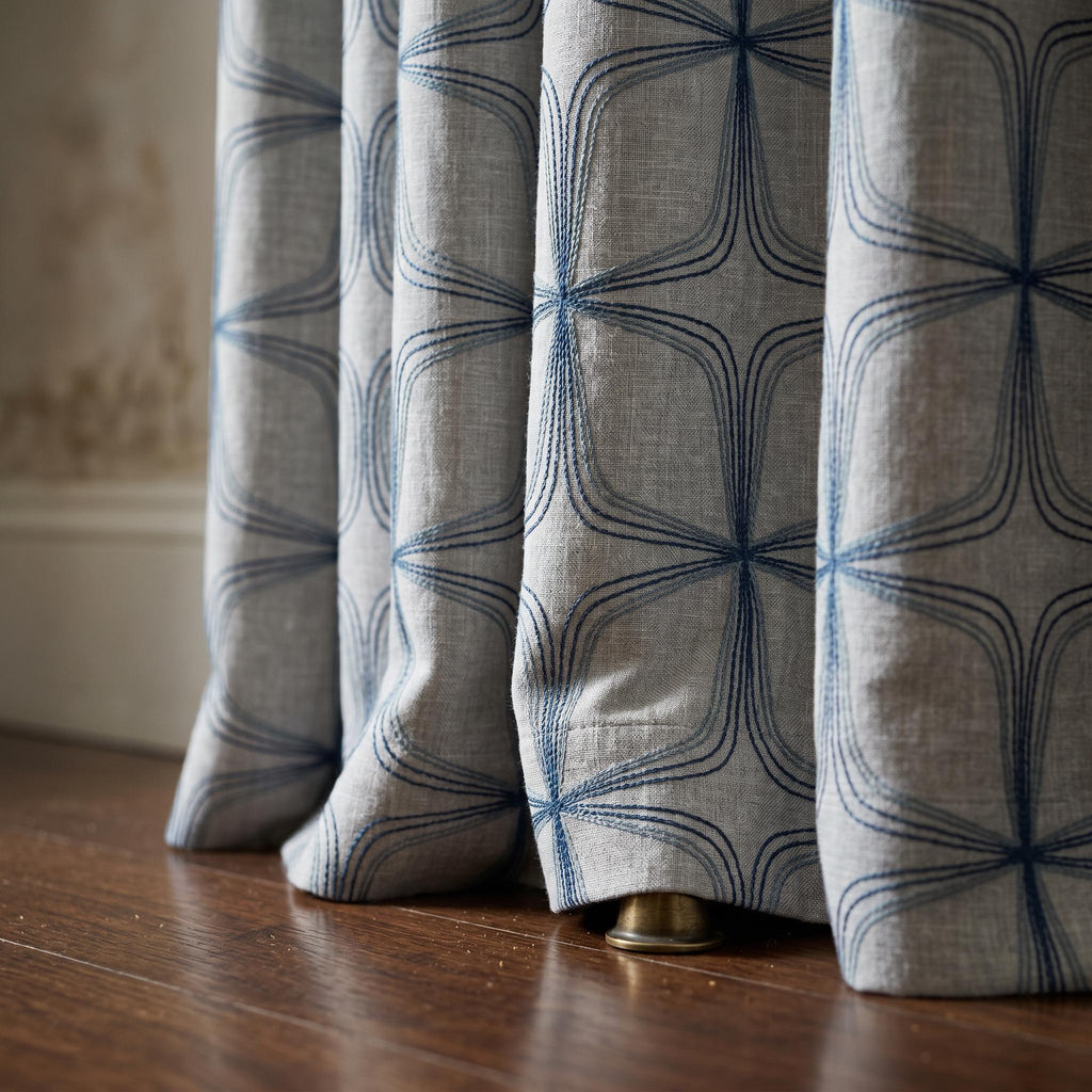 Geometric Embroidered Linen Curtain, Modern Navy Blue Drapes, Designer Window Panel, Custom Curtain, Neutral Contemporary Curtains