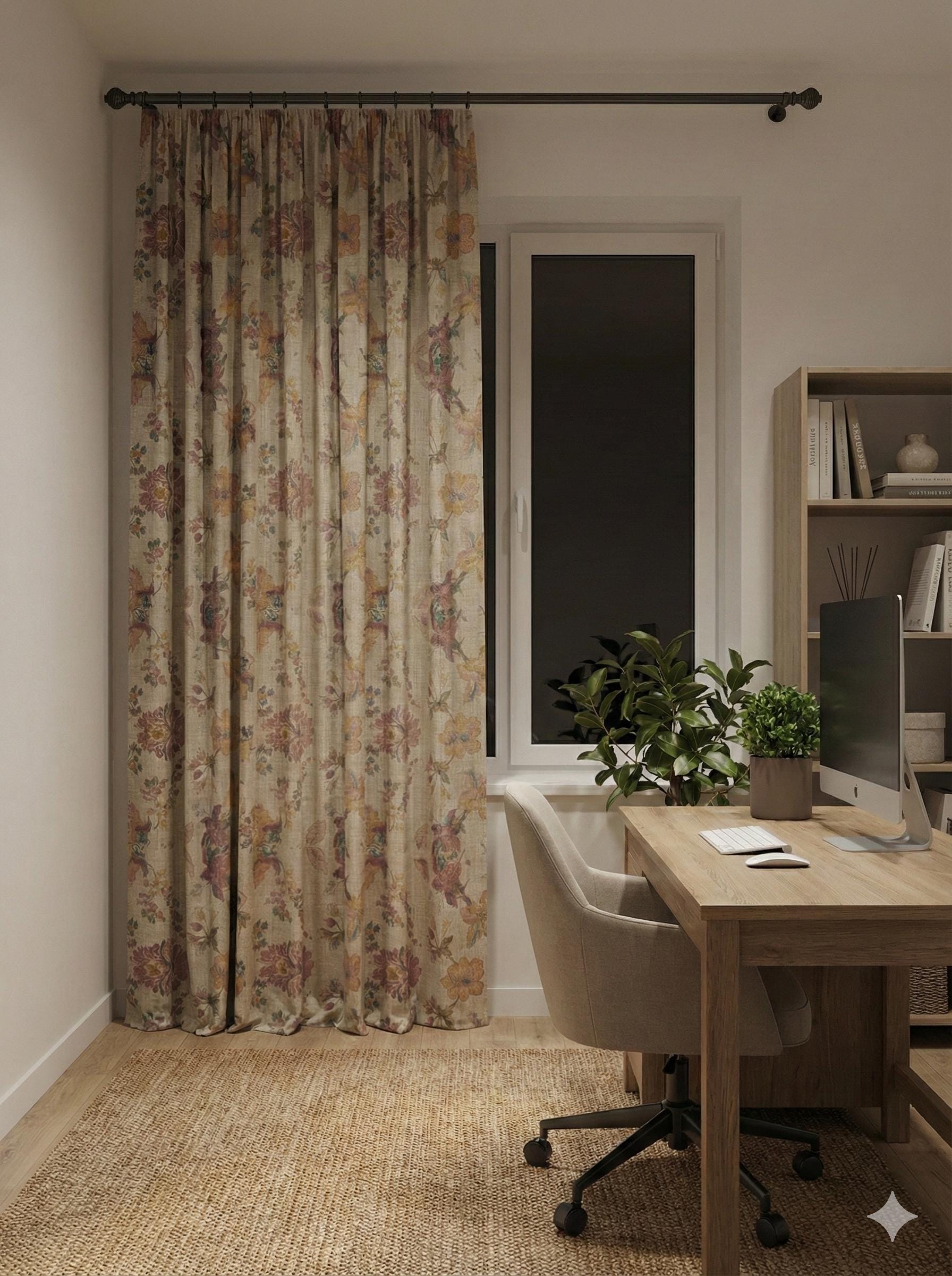 Vintage Floral Linen Curtains • French Country Farmhouse Drapes • Custom Size Rust & Green Botanical Window Treatment • Cottagecore Decor