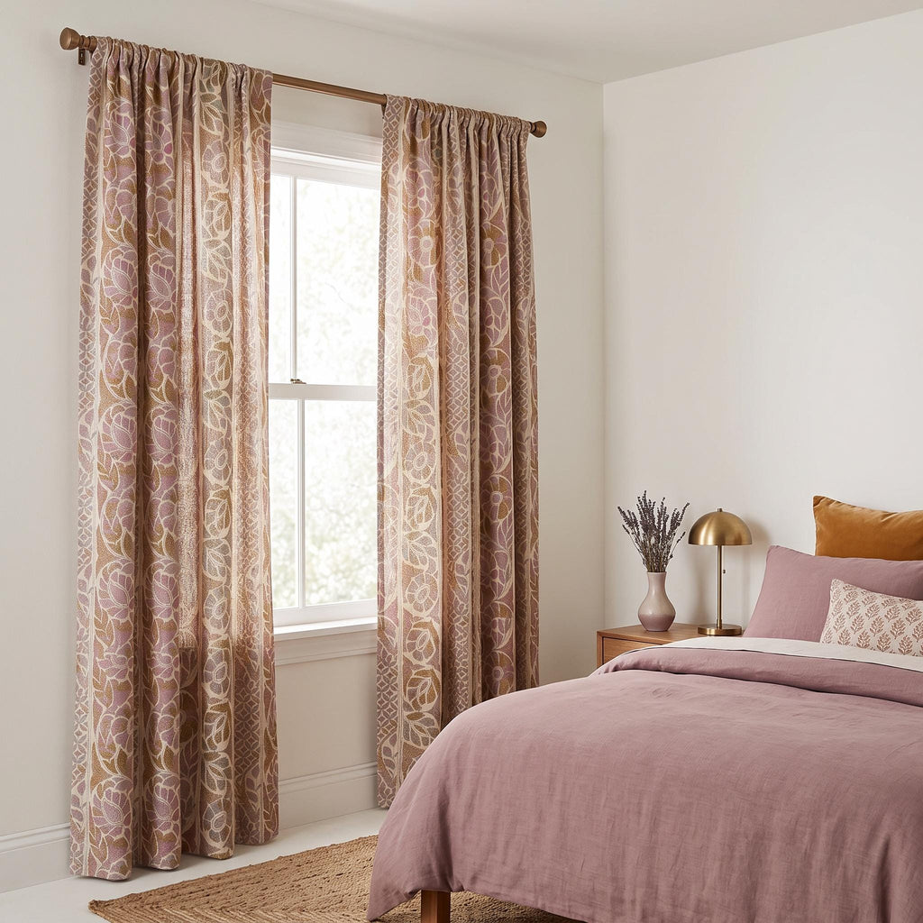 Botanical Floral Cotton Linen Curtains – Muted Mauve, Taupe Textured Drapes – Vintage Elegance Bedroom and Living Room Window Panels