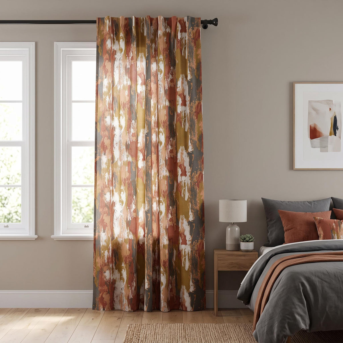 Abstract Paint Stroke Curtains, Terracotta Rust & Ochre Drapes, Modern Expressionist Window Panels, Custom Mid Century Living Room Decor