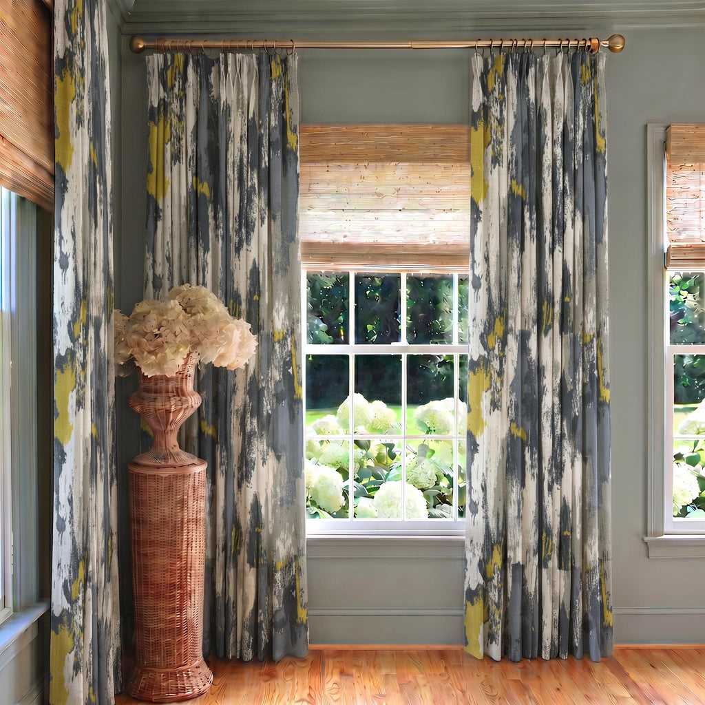 Abstract Slate Blue & Mustard Yellow Curtains, Brushstroke Painterly Drapes, Modern Charcoal Grey Window Panels, Custom Living Room Decor