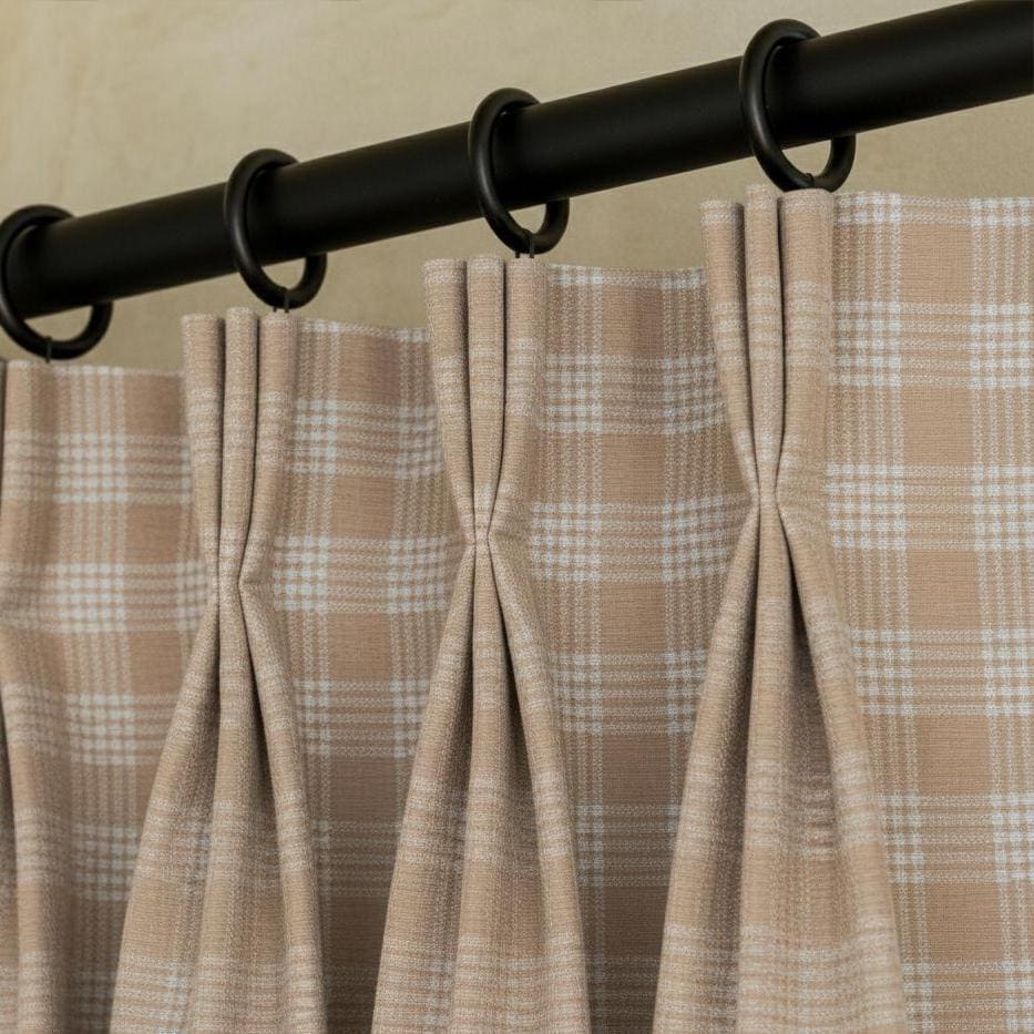 Beige Plaid Pinch Pleat Curtains | Farmhouse Cottage Decor