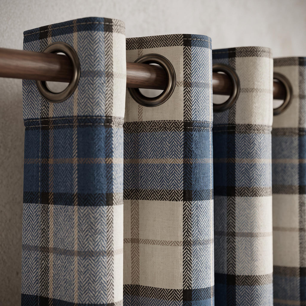Blue Herringbone Plaid Curtains , Custom Made Drapes , Woven Checkered Window Curtains , Farmhouse Coastal Curtains