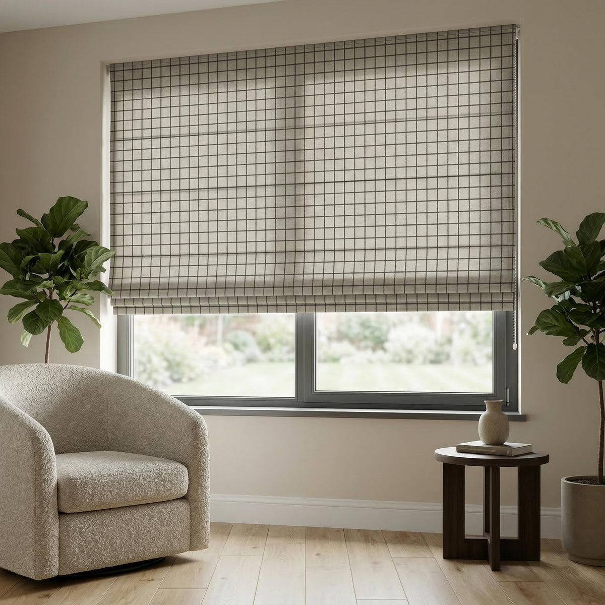 Custom Plaid Roman Shade, Neutral Check Roman Blind, Farmhouse Window Shade, Corded Roman Shade, Custom Size Window Treatment